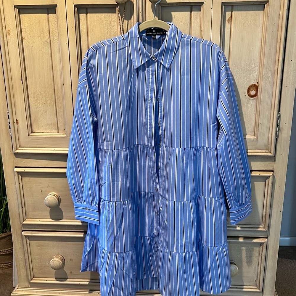 Tuckernuck Blue and White Striped Tiered Shirt Dress